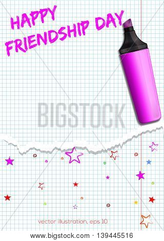 International Friendship Day concept design. Pink lettering in a school notebook - Happy Friendship Day. Vector illustration