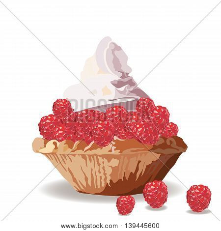 Tart cake with raspberry and cream. Vector Delicious realistic illustration