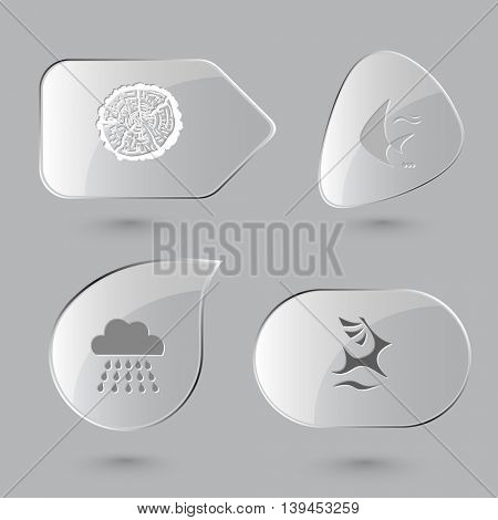 4 images: cut of tree, fish, rain, deer. Nature set. Glass buttons on gray background. Vector icons.
