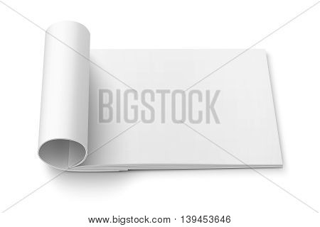 Blank open magazine template with rolled pages on white background . Wide format. Ready for your design. Vector illustration.