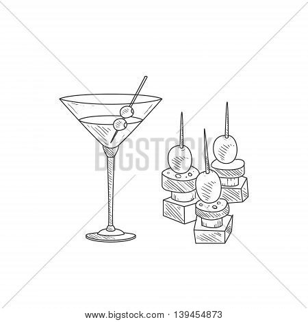 Cocktail With Olive And Canape Hand Drawn Realistic Detailed Sketch In Classy Simple Pencil Style On White Background
