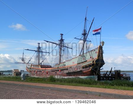 Wooden sailing ship with extensive rigging in Holland
