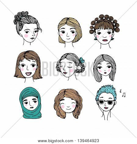 Different faces. Hand drawing isolated objects on white background. Vector illustration.