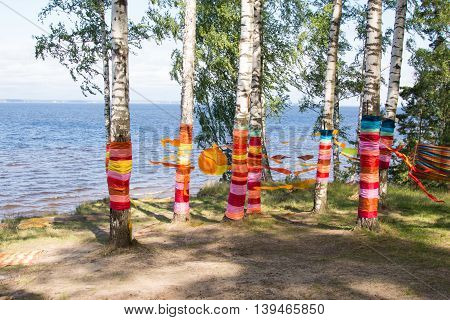 Birch with colored ribbons on the shore of a large lake