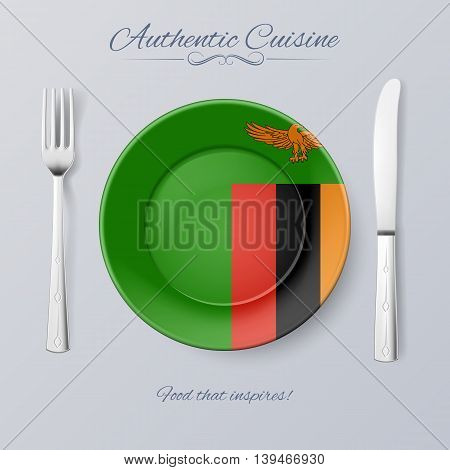 Authentic Cuisine of Zambia. Plate with Zambian Flag and Cutlery