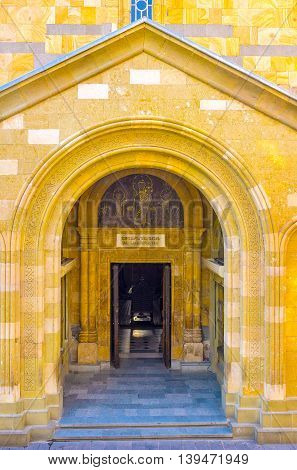The entrance to the Anchiskhati Basilica one of the oldest churches in Tbilisi Georgia.