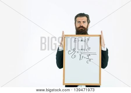 Bearded Man With Einstein Formula And Newtons Law
