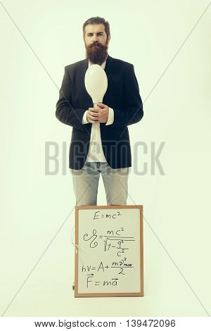 Bearded Man With Einstein Formula And Newtons Law