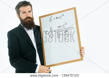 Bearded Man With Einstein Formula And Newtons Law
