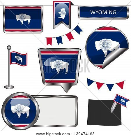 Glossy Icons With Flag Of State Wyoming