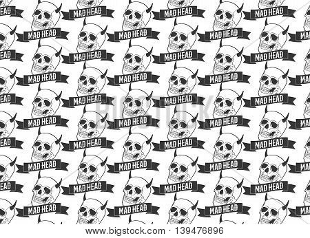 Horned skulls seamless pattern with an inscription - Mad Head. Vector illustration