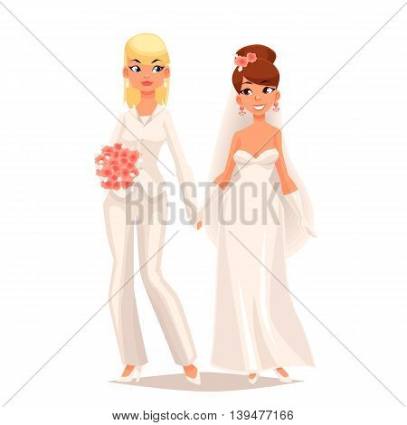 wedding of two lesbians girls cartoon comic illustration isolated on a white background, a couple of girls gay, wedding ceremony lesbians, marriage girls in white dresses with a bouquet