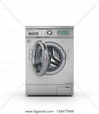 Opened modern washing machine in metallic color. 3d illustration
