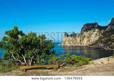View of Blue bay and mount Karaul-Oba. Mountains in Crimea at the Black sea.