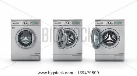 Set of three modern washing machines in metallic color. Closed half open and open washing machine. 3d illustration