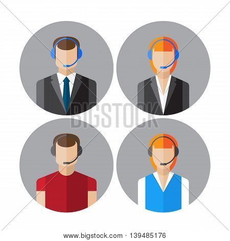 Set of icons with the callcenter agents talking through headset, colorful flat vector illustration
