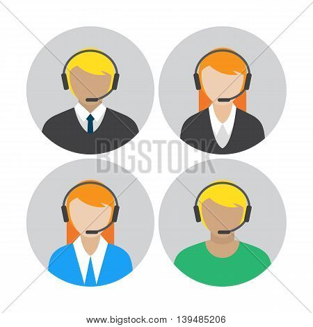 Set of icons with the callcenter agents talking through headset, colorful flat vector illustration