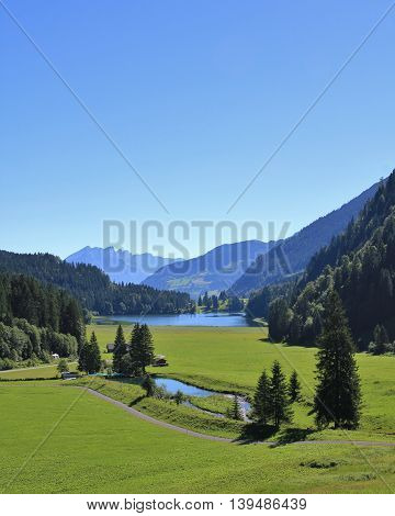 Landscape in Glarus Canton. Green meadow forest snd lake Obersee. Morning scene.