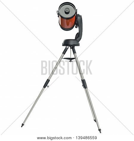 Telescope catadioptric on chrome tripod, side view. 3D graphic