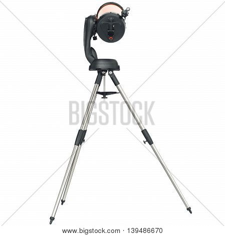 Telescope on tripod with chrome metal elements, back view. 3D graphic