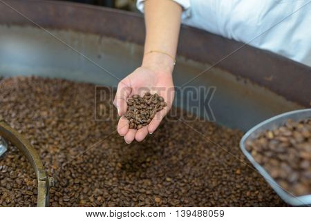 Hand holding coffee beans