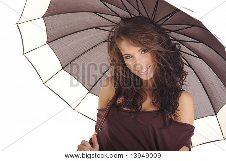 jeune fille au parapluie marron isolé over white