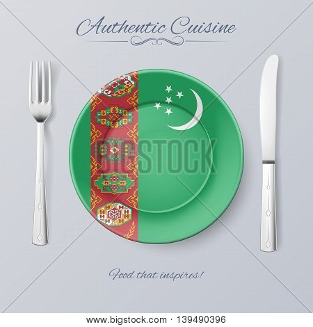 Authentic Cuisine of Turkmenistan. Plate with Turkmenian Flag and Cutlery