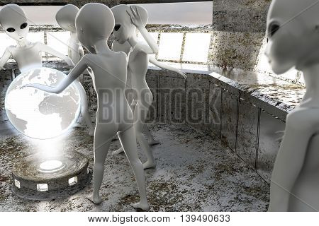 3d illustration of aliens watching an hologram inside a spaceship
