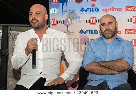 Giffoni Valle Piana SA ITALY - July 16 2016: Actor Marco d'Amore and Francesco Ghiaccio poses at master class during the 46th Giffoni Film Festival