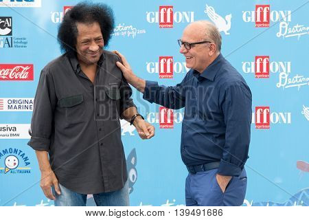 Giffoni Valle Piana SA ITALY - July 16 2016: Musician James Senese and Claudio Gubitosi poses at photocall during the 46th Giffoni Film Festival.