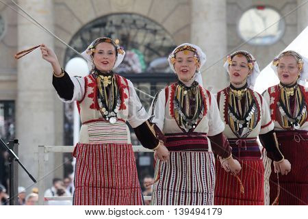 ZAGREB, CROATIA - JULY 22: Members of folk group Etnos from Skopje, Macedonia during the 50th International Folklore Festival in center of Zagreb, Croatia on July 22, 2016