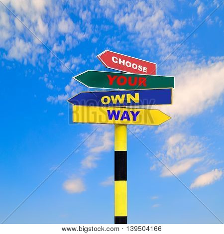 Sign post with four arrows of diffirent colors and directions and text - Choose your own way on a blue sky background.