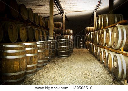 Wine barrels stacked in the old cellar of the winery.