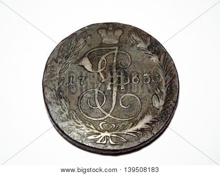 Old coin made in 1763 year. Photo taken on: June 27 Monday 2016