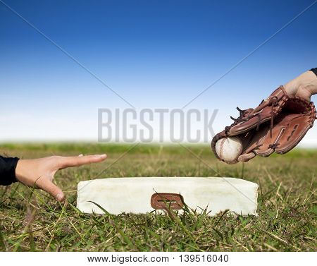 Safe And Force Out Concept.baseball Player Try To Touch The Base