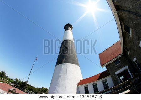 Fire Island Lighthouse up close with a fish-eye lense