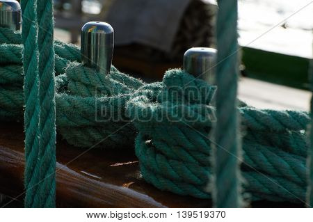Rigging of a sailing ship, green rope