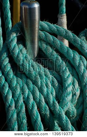 Rigging of a sailing ship, green rope
