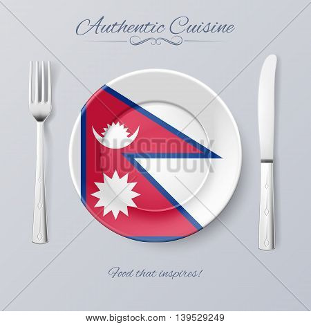 Authentic Cuisine of Nepal. Plate with Nepalese Flag and Cutlery
