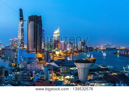 HO CHI MINH CITY, VIETNAM - CIRCA JAN, 2016: Top view of Saigon River at night time. Saigon River (the length of 256 kilometers) is most important to Ho Chi Minh City as it is the main water supply.