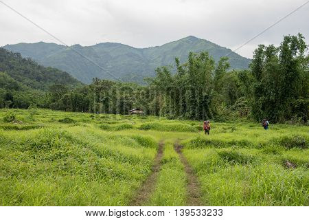 Man Traveler with big backpack mountaineering Travel to the Pre To Lo Su or Pi Tu Kro waterfall heart-shaped waterfall Umphang Tak ,Thailand.