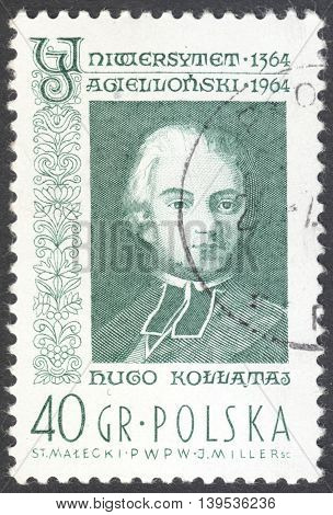 MOSCOW RUSSIA - JANUARY 2016: a post stamp printed in POLAND shows a portrait of Hugo Kollataj the series 