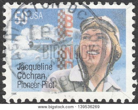 MOSCOW RUSSIA - JANUARY 2016: a post stamp printed in the USA shows a portrait of Jacqueline Cochran circa 1966