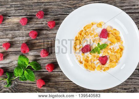 crispy corn flakes with raspberry and cold milk in white wide rim plate decorated with mint leaves on wooden worktop traditiobal and quick breakfast view from above