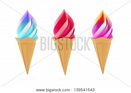 Fruit multi color rainbow ice cream set in the cone origami paper desert on a black background