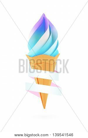 Fruit multi color rainbow ice cream in the cone origami paper with ribbon desert on a black background
