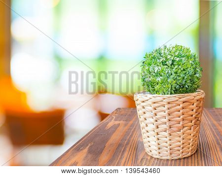 Wood Table With Green Leaf In Wicker Basket At Blurred Garden Cafe Background,template Mock Up For D