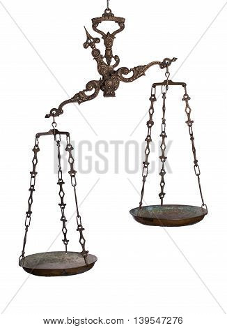 Antique rusty balance scale isolated on white background. Justice and making decision concept. Uneven odds, not being in balance, one is more important than the other.