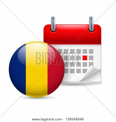 Calendar and round Romanian flag icon. National holiday in Romania