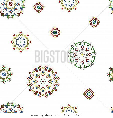 Seamless geometric pattern of the composite pattern with traditional elements of the Chuvash culture on a white background. Vector illustration